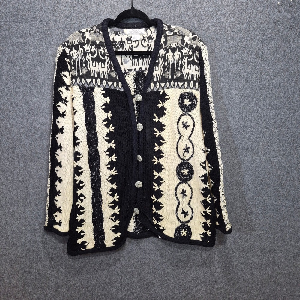 Vtg 90s Sandy Starkman 100% cotton Mixed Media XL Cardigan Tribal Folk Art Chic
